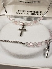 New In Box Young Girl Communion Bracelet Necklace Set Pink Beads Christian B24