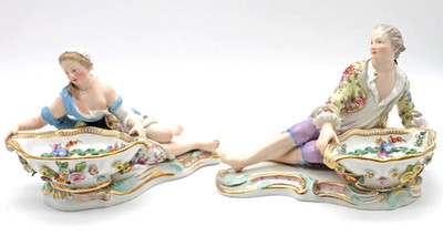 Antique Meissen Porcelain Pair of Armorial Sweetmeats Figurines 2872 & 2875
