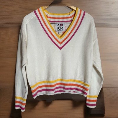 Kerri Rosenthal Get Happy V-Neck Knit Sweater Top Striped Colorful Soft Size S