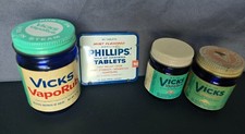 Lot of 4 Vintage Cobalt Blue Vick's Vaporub Jars and Phillips' Tabs w/contents