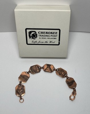 Vintage Copper Native American Panel Bracelet  Buffalo Peace Pipe Chief Tipi 