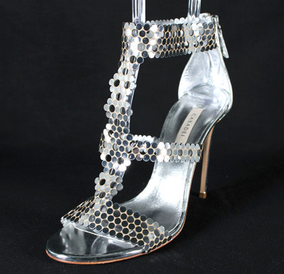 CASADEI Silver Metallic Leather Laser-Cut Stiletto Heels Sandals 40