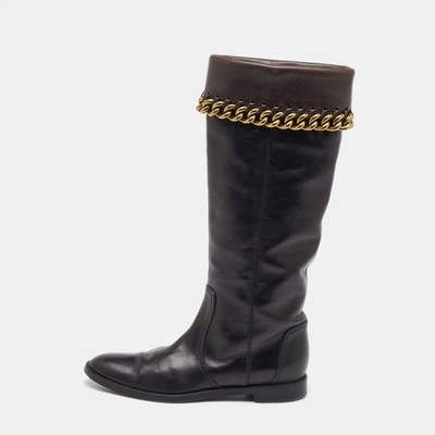 Sergio Rossi BlackDark Brown Leather Chain Detail Calf Length Boots Size 35.5