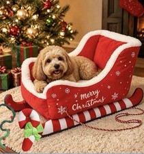 Dog Bed Cat Christmas Holiday Sleigh Comfy Plush Xmas Pet Bed
