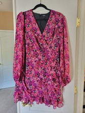 Express Floral Faux Wrap Mini Dress XL Pink Purple Chiffon Long Sleeve Ruffle