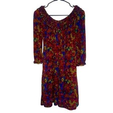 Colorful Print Dress Long Sleeve Ruffle Neckline Womens