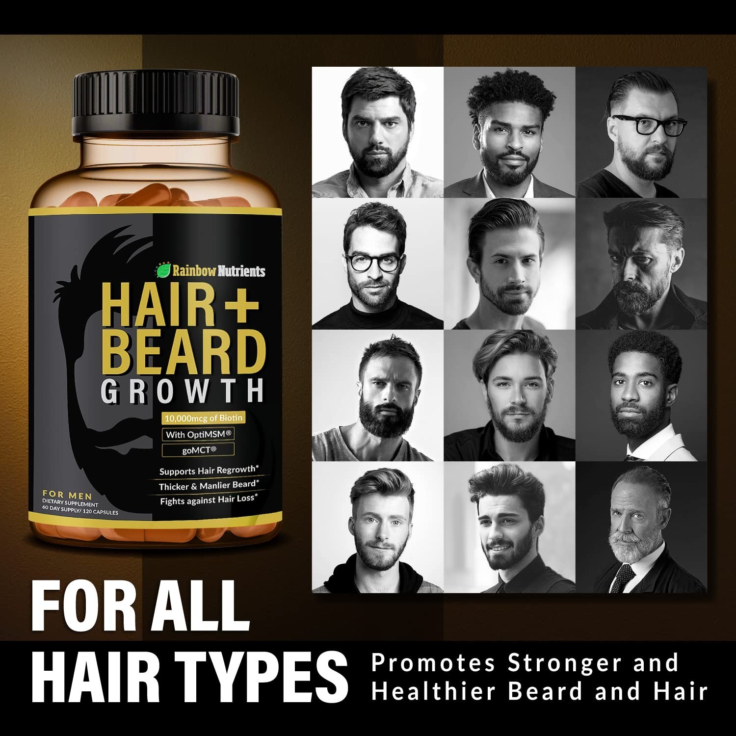 Hair + Beard Growth Vitamins for Men | Biotin 10,000mcg, Collagen, Patented O...