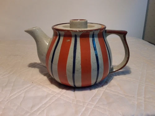Vtg. Tea Pot Striped w/ Blue Brown Handpainted w/ Lid 