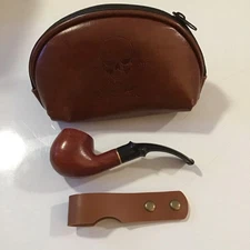 Wompipe Menesia Smoking Pipe Kit , Bent Briar Wood Pipe & Leather Skull  Pouch