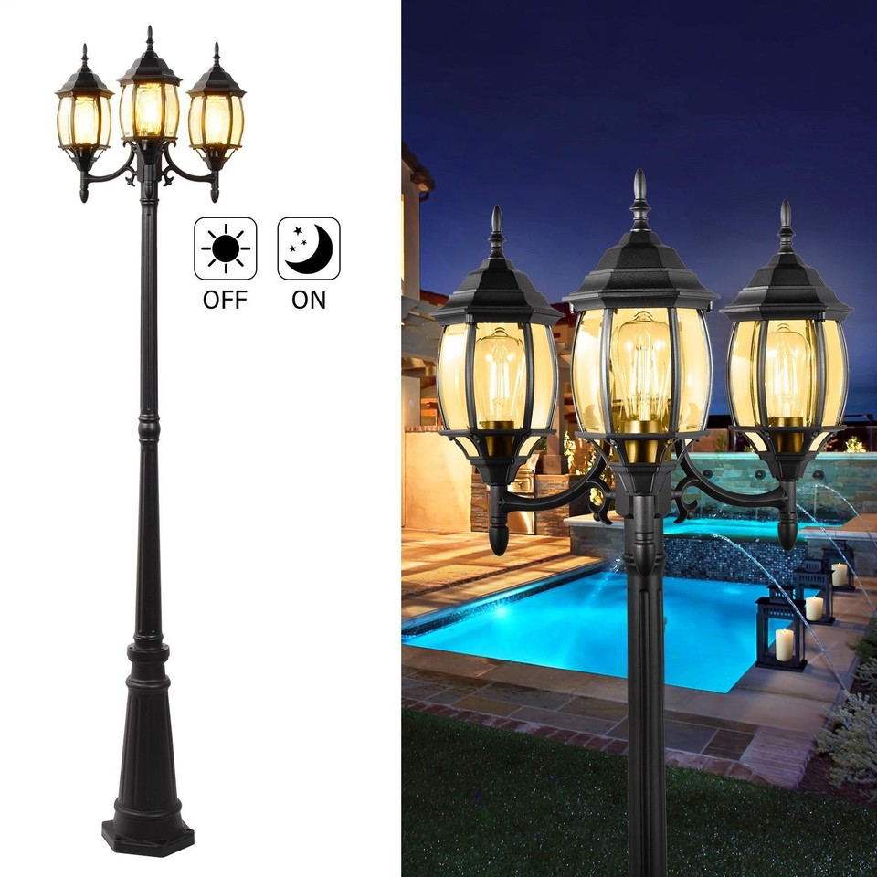 85" Waterproof Lamp Post Light - 3-Head Dusk to Dawn Outdoor Lighting ...