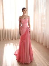 Pleat Chiffon Formal Dress Sheath Coral Evening Dresses Wedding Party Gowns