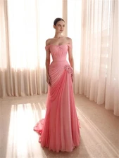 Pleat Chiffon Formal Dress Sheath Coral Evening Dresses Wedding Party Gowns
