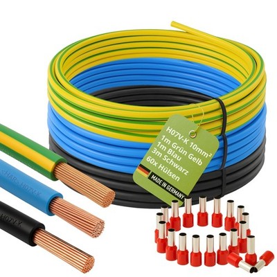 INVOLT H07V-K 10 mm² Verdrahtungsleitung, 3m Schwarz, 1m Blau, 1m Grün-Gelb