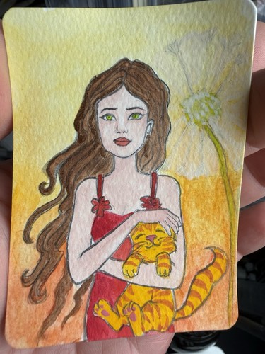 ACEO Original Hand-Drawn in watercolor Portrait Drawing of a woman and cat, OOAK