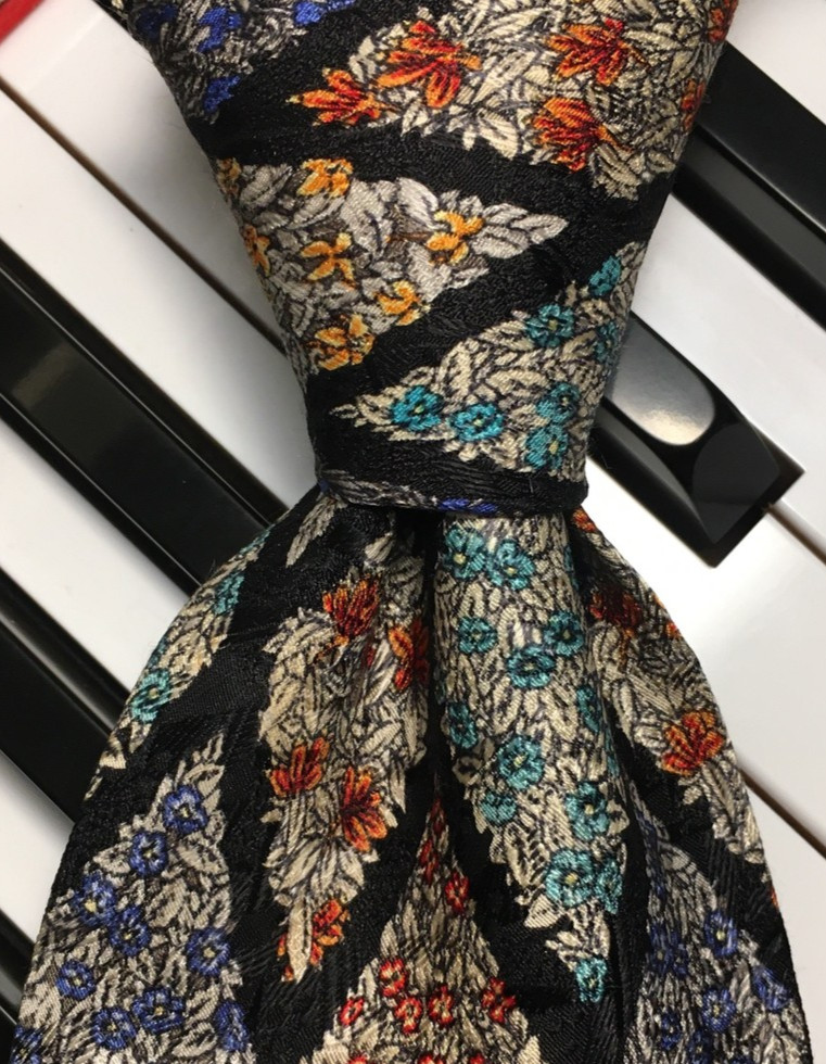 LANVIN / Vintage Multicolor Petite Fleur Pattern Diamond Plaid Italian Silk Tie