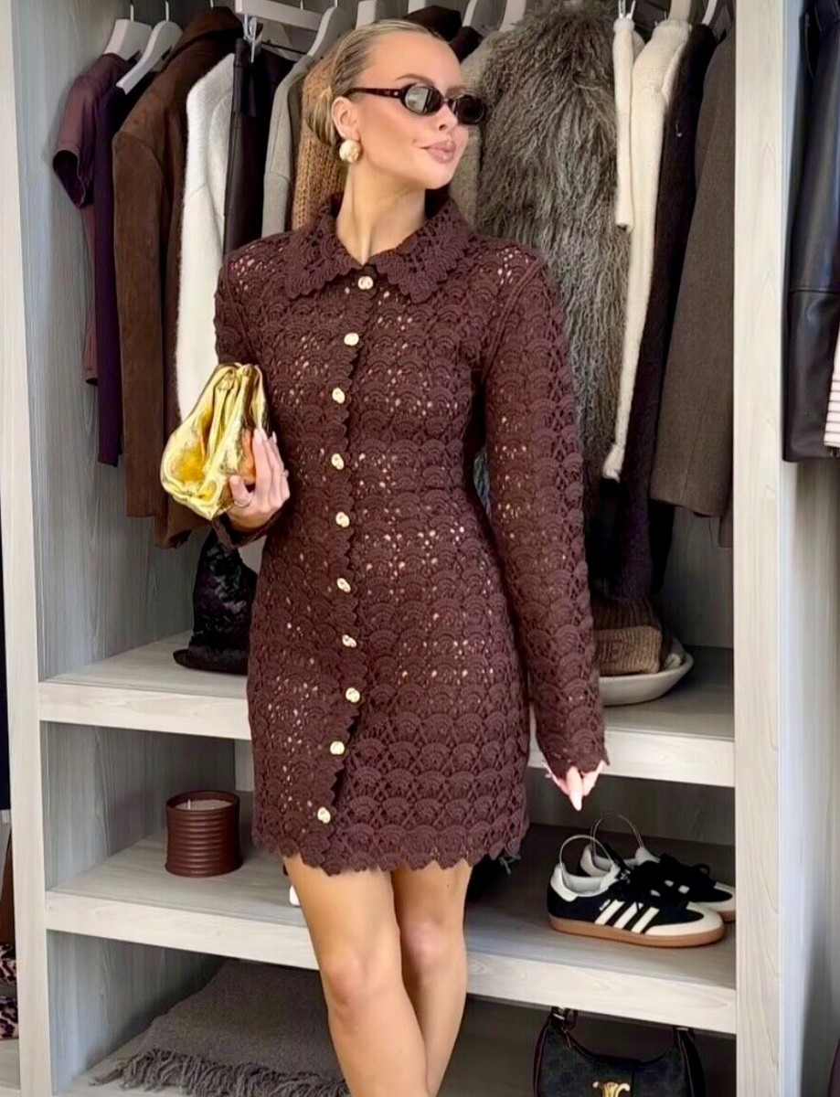 H&M EDITION HM Crochet-Look Dress Short Fitted Knit WHITE or DARK BROWN