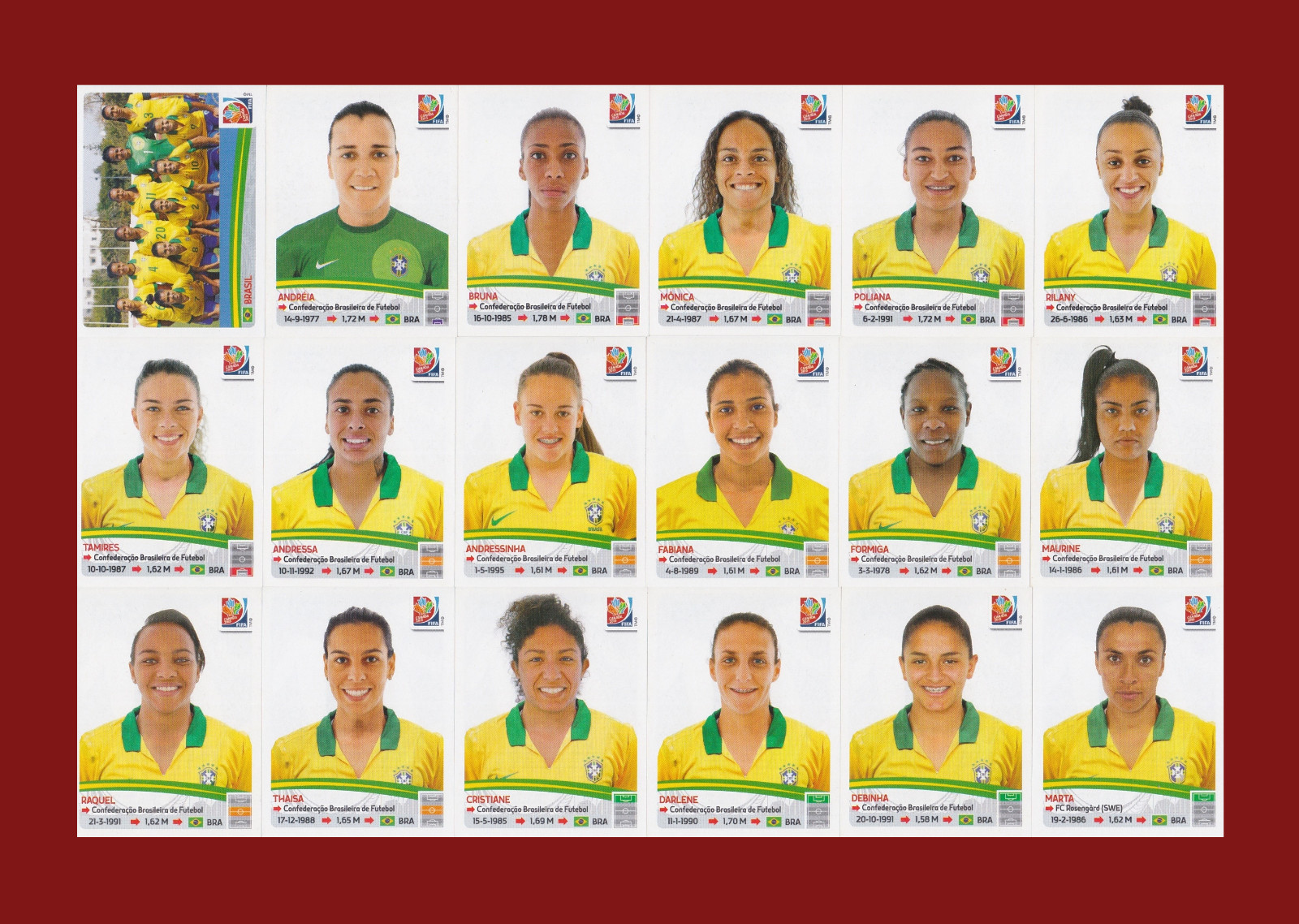 Brazil Team - 18 Stickers Set - Panini FIFA Women's World Cup 2015