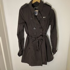 Hooch Women's Trench Coat Long Button, Buckle & Waist Wrap Netted Black Size 12