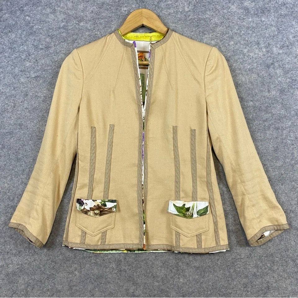 Chaqueta Blazer Roberto Cavalli Lino Seda Talla 38 XS Tostado Floral Cinturón Preppy Foto 2 de 4