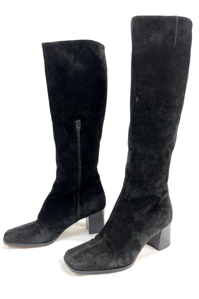 Vtg Saks fifth Avenue Womens Black Suede Leather Boots Knee High Sz 5 Heel Italy - Image 2 of 4