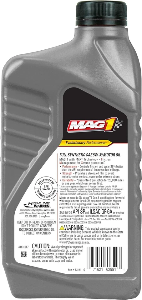 Aceite de motor SAE 5W-30 62891 totalmente sintético - 1 cuarto (paquete de 6) Foto 2 de 2