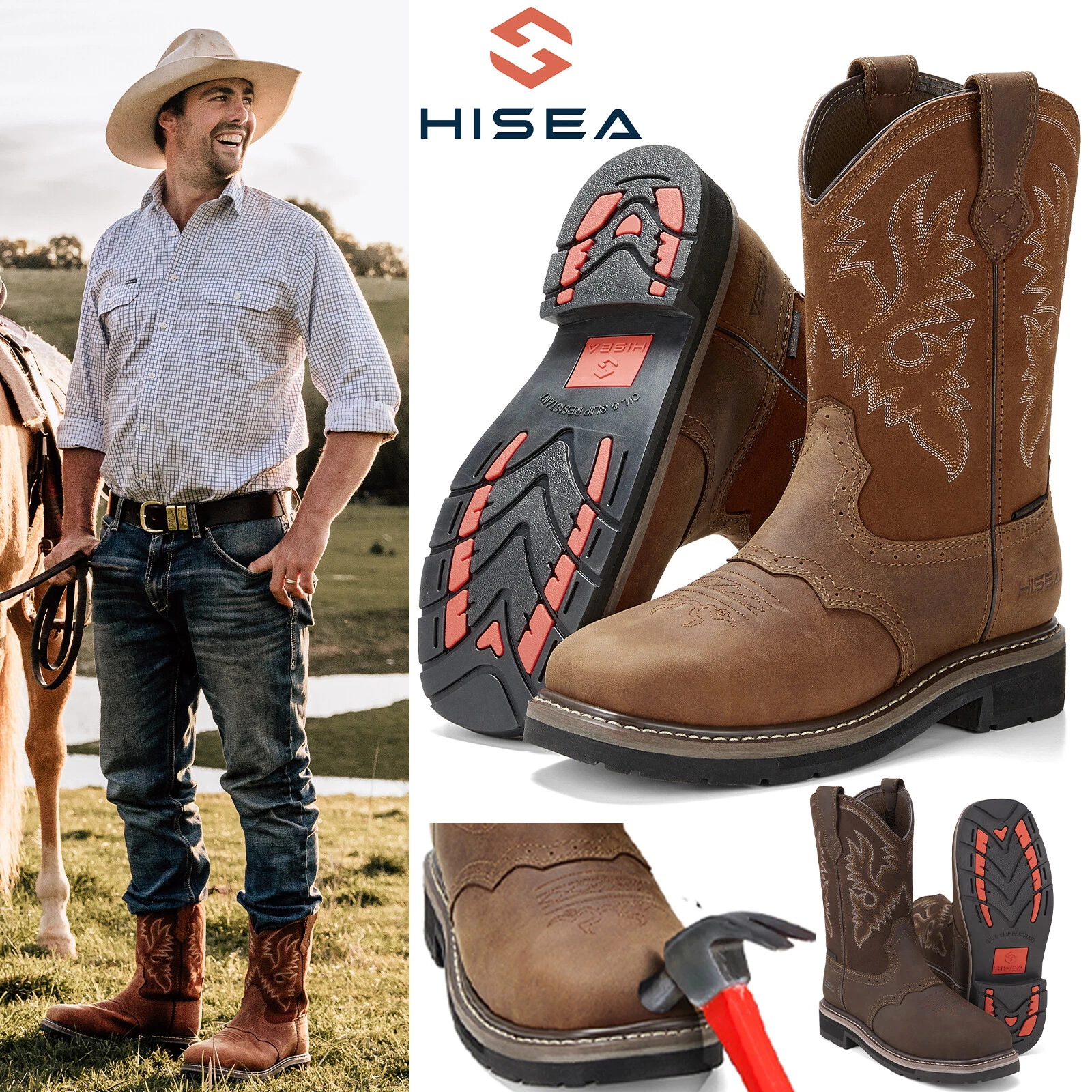 HISEA NINGO Men Steel Toe Work Boots Waterproof Square Toe Leather Western Boot
Opens in a new windo