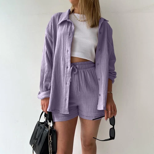 Sommer Damen Musselin Bluse Shirt und Shorts Kleidung Set Strand Outfit Zweiteiler - Bild 20 von 45