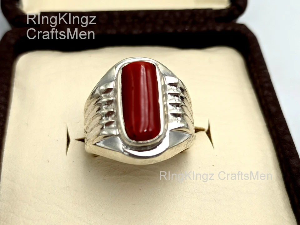 Anillo Merjan Coral Natural Para Hombre Plata Esterlina 925 Forma Cápsula Piedras Preciosas Foto 3 de 4
