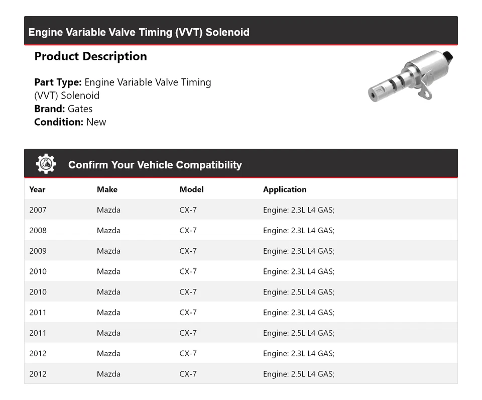 Puertas solenoide 2008 con distribución de válvula variable (VVT) motor Mazda CX-7 2007-2012 Foto 2 de 4