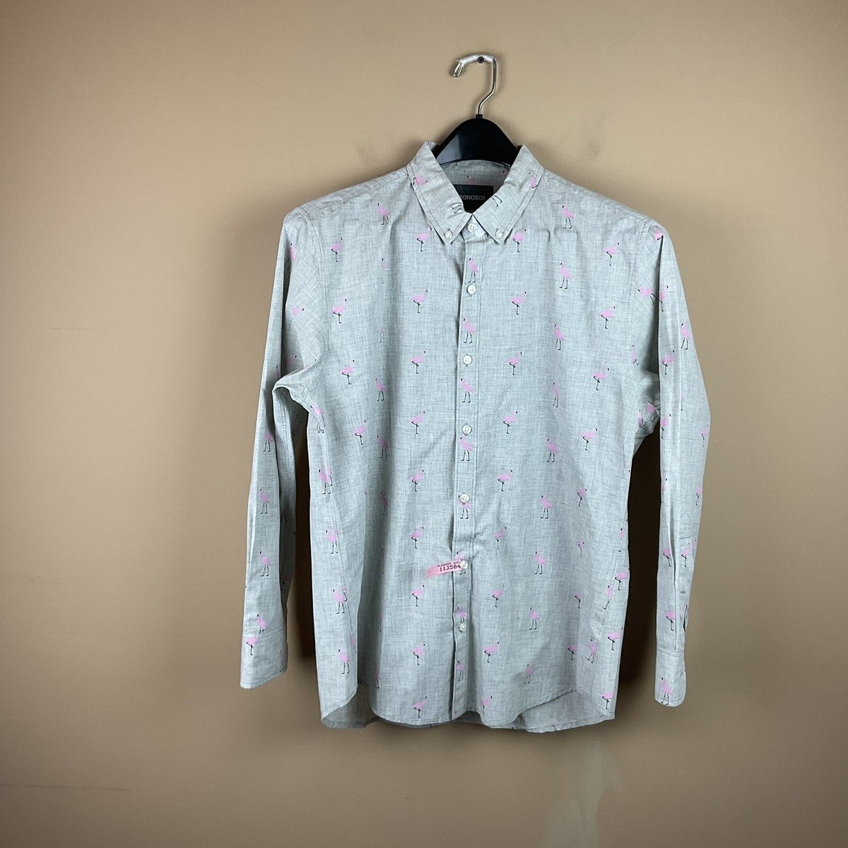 H Bonobos Slim Fit Shirt Mens L Gray Pink Flamingo cotton L/S Button