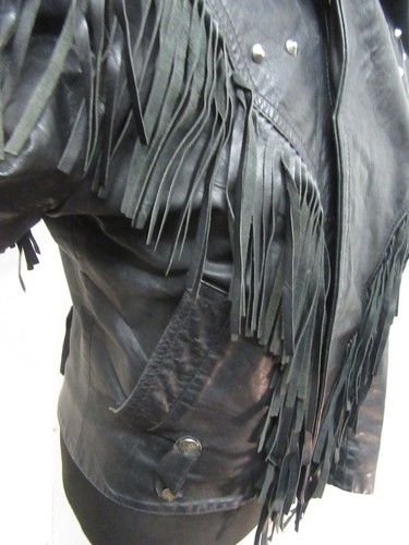 VINTAGE 80'S LA ROCKA LEATHER FRINGED MOTORCYCLE JACKET SIZE UKM, TASSELS, STUDS - Picture 13 of 17