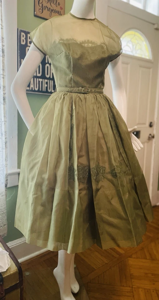 Vintage 50s Designer Chiffon Red Carpet Party Dress ~ Illusion Sheer Top M - Image 4 of 4