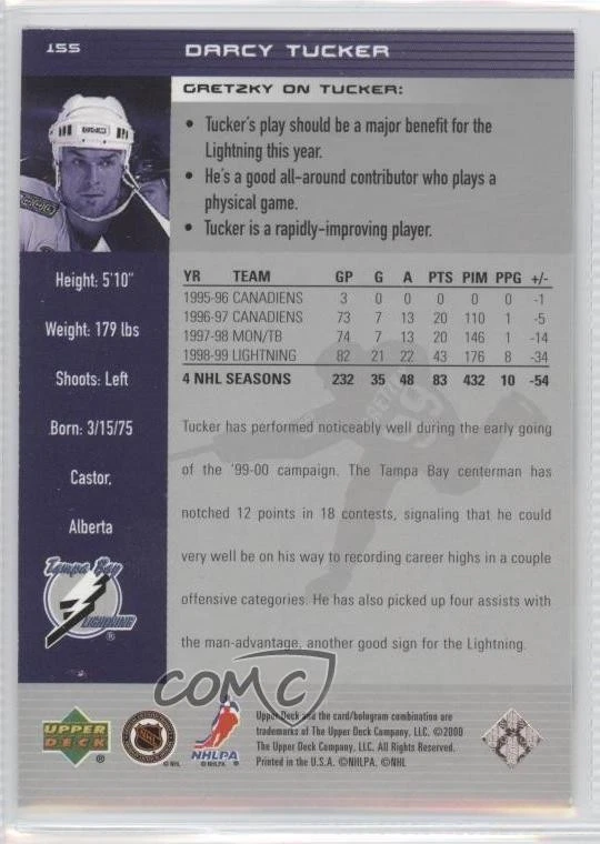 1999-00 Upper Deck Wayne Gretzky Hockey Darcy Tucker #155 - Image 2 of 2