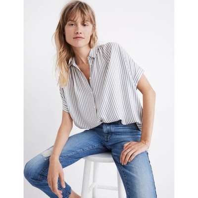 Madewell Central Shirt Dalton Stripe Blue Shirred Button Down Short Sleeve M