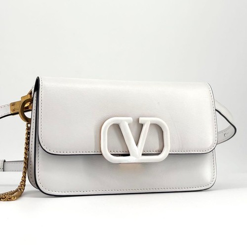 VALENTINO GARAVANI Women V-Sling Shoulder Bag Leather White Gold Chain
