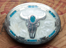 Vtg Johnson Held Handmade Buffalo Skull Turquoise Inlay Belt Buckle