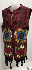 Mexican Embroidered Floral Vest One Size Boho Artisan Fringed Black Red