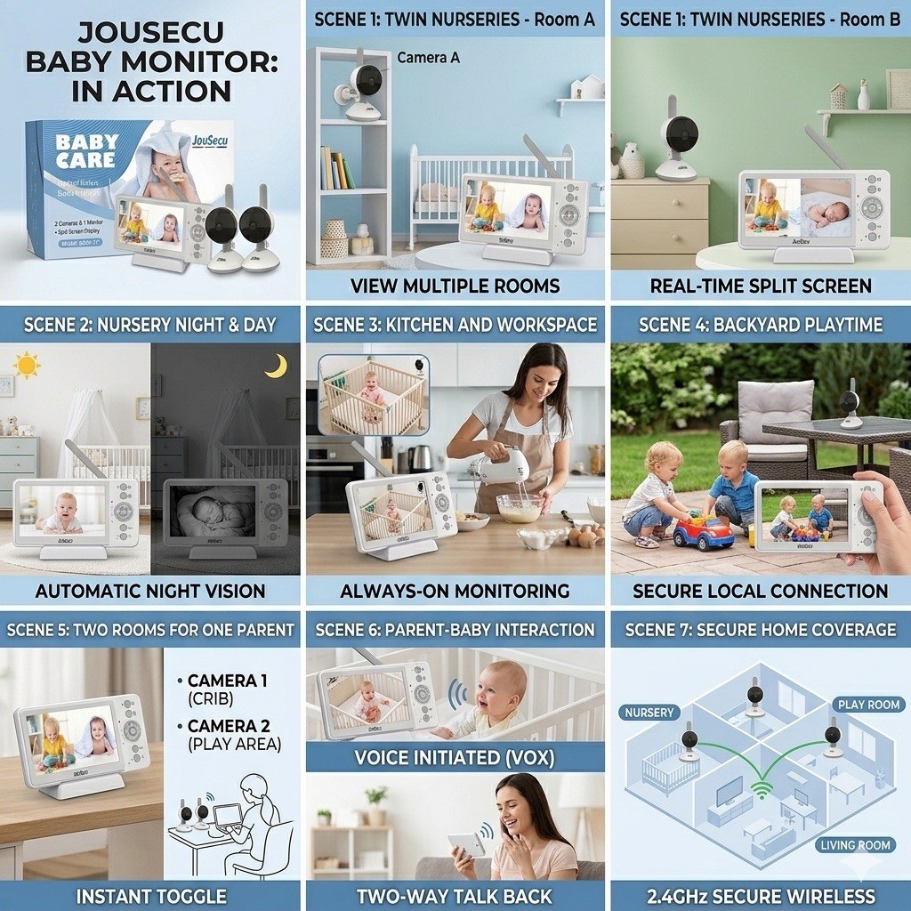 Digital Baby Monitor with 2 Cameras Split Screen Night Vision 