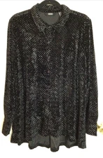 Dennis basso black diamond print Velour hi lo Button front Stretch blouse L