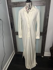 Vintage 70s Dagger Collar Long Cream Button Dress With Belt Loops