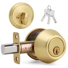 Brushed Gold Round Design Single Cylinder Deadbolt with Keys, Exterior Keyed ...
