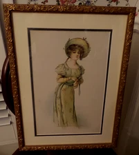 Rare  1900s Colored Print of Victorian Lady framed under glass Gold frame
