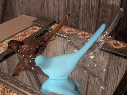 Vintage FENTON Long Tailed Birds of Happiness-Satin Blue, Amber, Clear SEE PICS