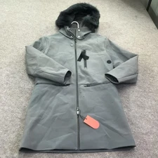 The Arrivals Coat Womens XS Gray Hooded Down Lamb Shearling Parka Jacket Long