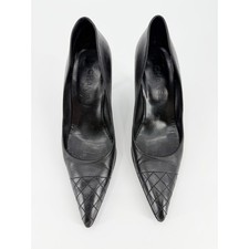 Chanel Quilted Cap Toe Pointed Pumps Black Leather CC Logo Back Heel Shoes 39
