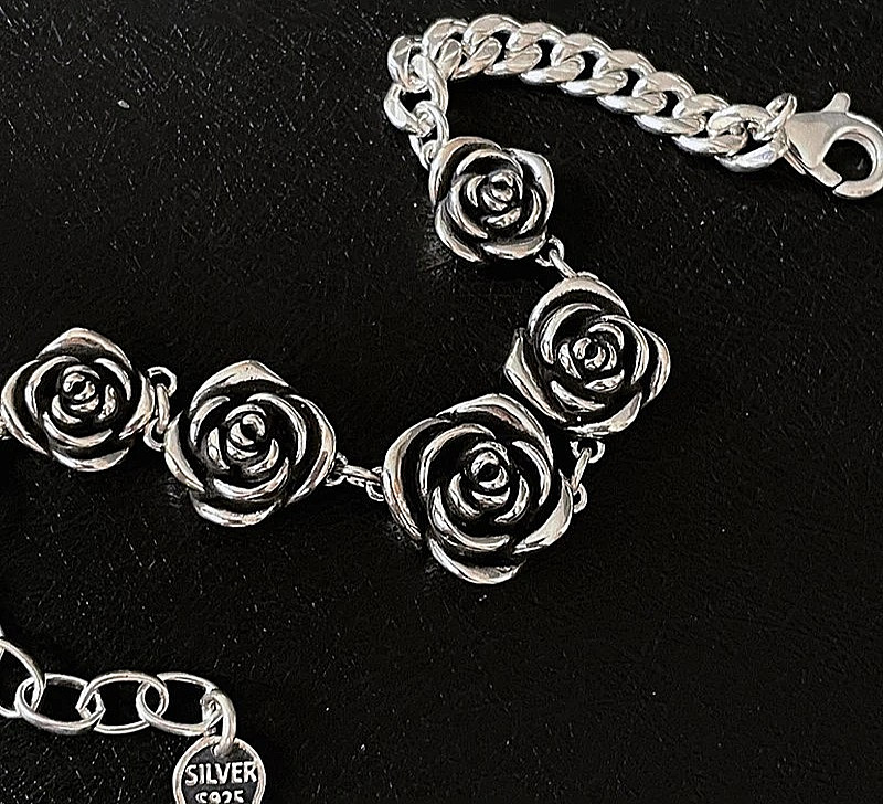 New 925 Sterling Silver Vintage Roses Flower Chain Bracelet Trendy Style Bangle