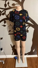 Black Multicolor Geometric Print Short Sleeve T-Shirt  Shorts Set for Women