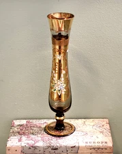 VINTAGE/ANTIQUE VENETIAN SMOKED GLASS-GOLD GILTED-HAND PAINTED VASE #1729