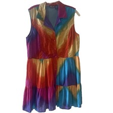 Phool Rainbow Tie Dye VTG Dress Sleeveless Button Up Size L Y2K Festival Hippie