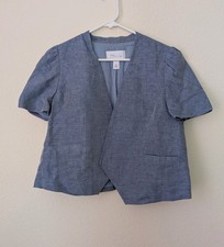 Nordstrom Signature Women's Blue Linen Blend Puff Sleeve Blazer Jacket Size S